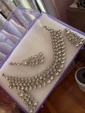 Desi Rhinestone Necklace earring and maang tikka jewelry set pink silver